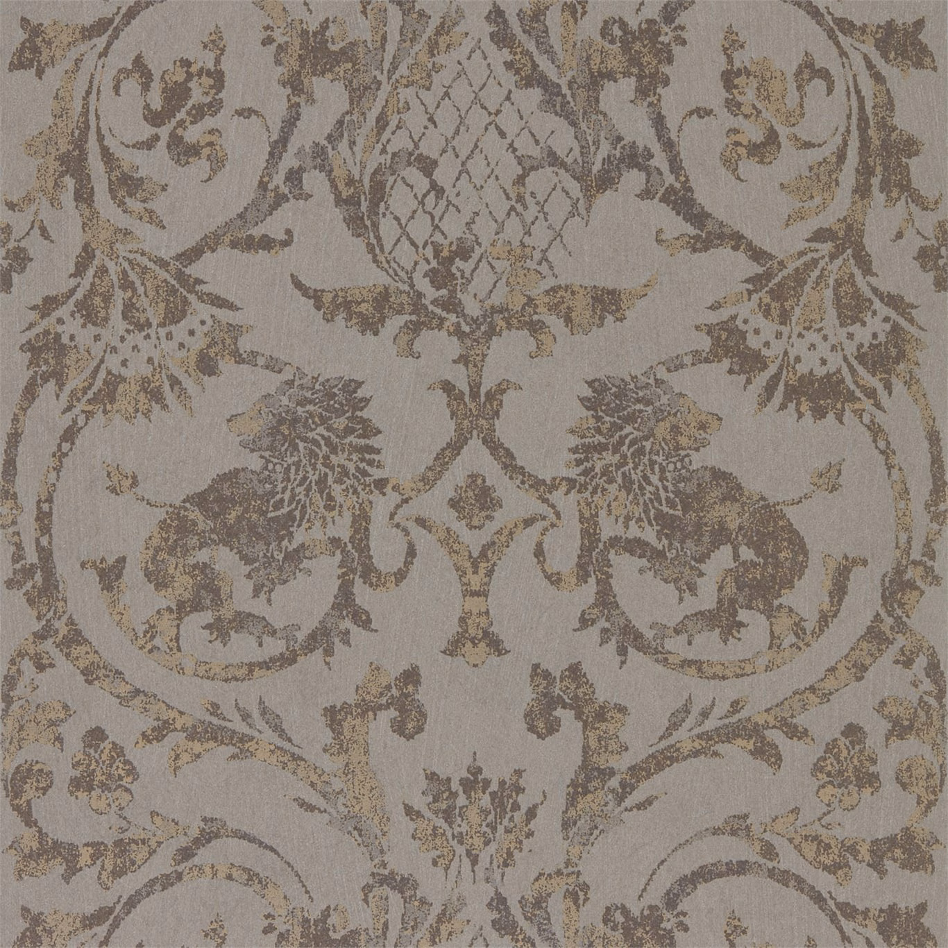 Muted antique bronze damask wallpaper with paired animals and scrolling foliage on taupe