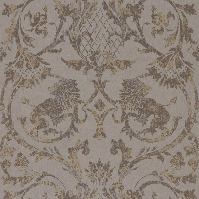 Muted antique bronze damask wallpaper with paired animals and scrolling foliage on taupe