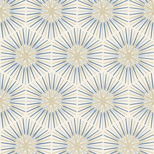 Muted sapphire-blue and cream starbursts with softly mottled beige-gold centres