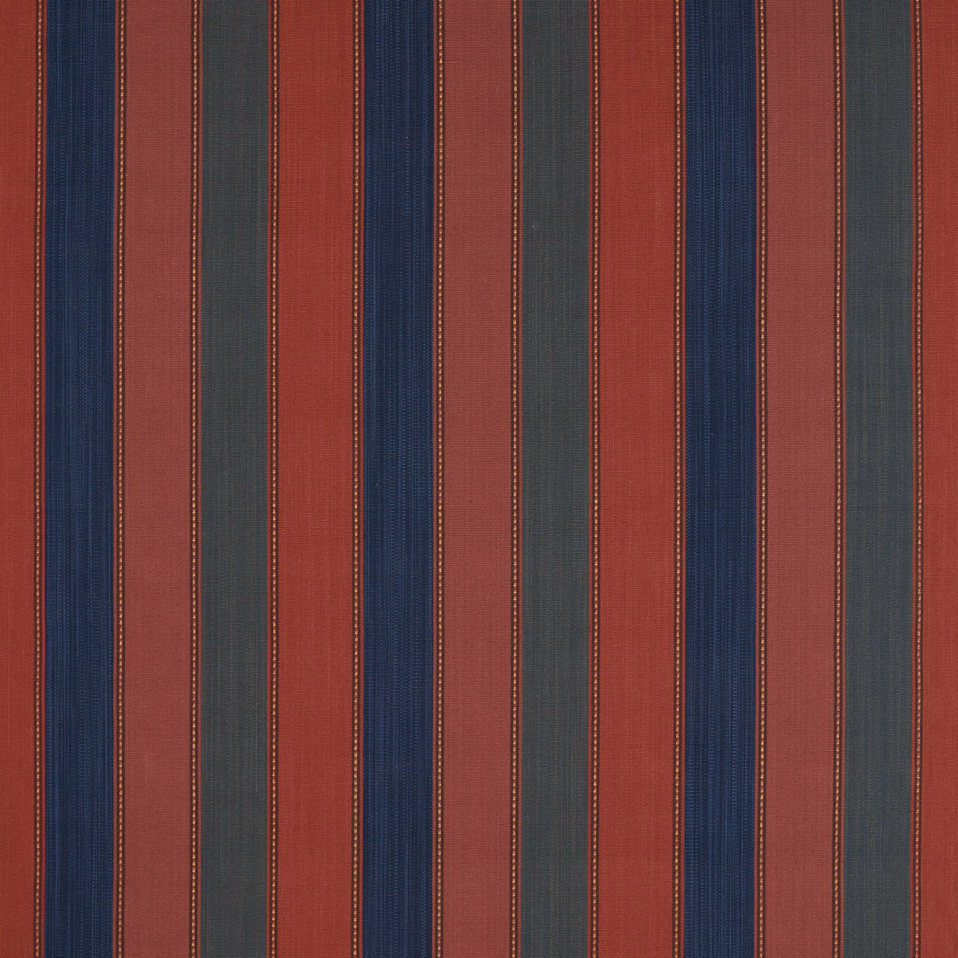 Madder-red, indigo and charcoal vertical striped fabric with fine woven pinstripes