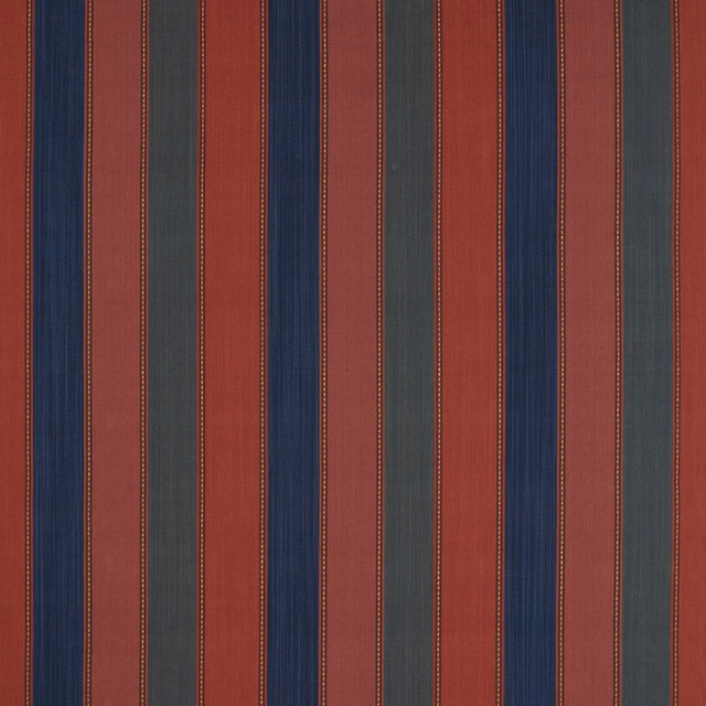 Madder-red, indigo and charcoal vertical striped fabric with fine woven pinstripes