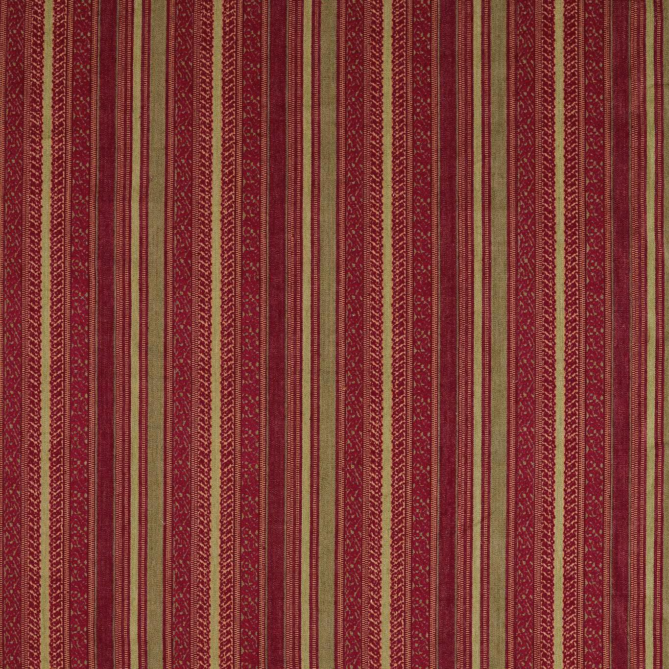 Cochineal red and sage vertical stripes with fine scrolling woven motifs