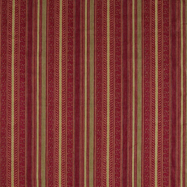 Cochineal red and sage vertical stripes with fine scrolling woven motifs
