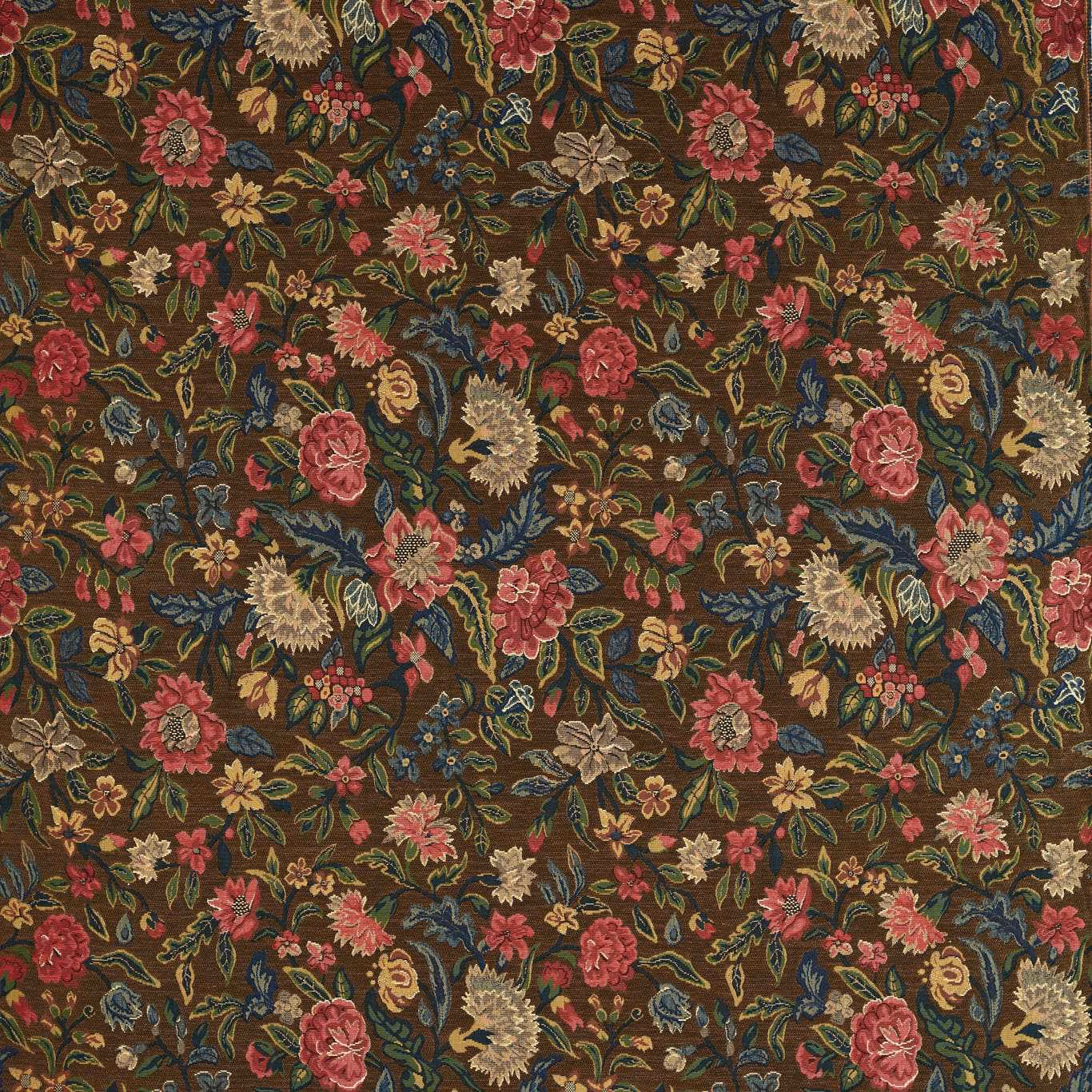 Dense tobacco-brown floral tapestry with rust, teal, cream and ochre blooms