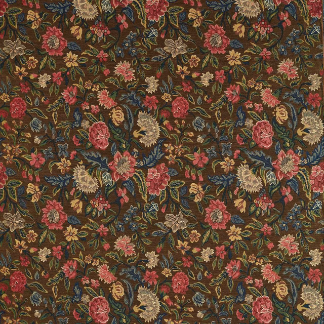 Dense tobacco-brown floral tapestry with rust, teal, cream and ochre blooms