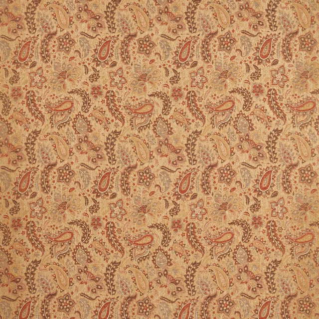 Antique gold paisley fabric with russet floral motifs and softly textured woven surface