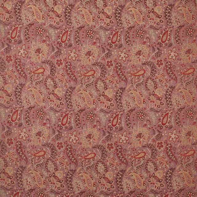 Pale ruby paisley fabric with muted gold, olive and cream floral details