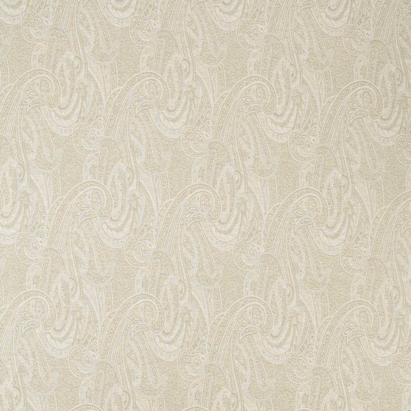 Pale mineral greige woven fabric with low-contrast scrolling paisleys and lightly textured surface