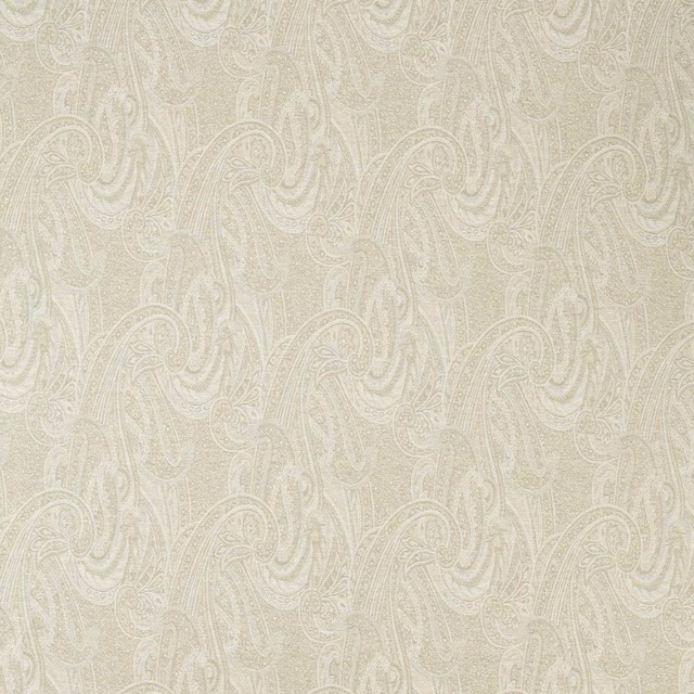 Pale mineral greige woven fabric with low-contrast scrolling paisleys and lightly textured surface