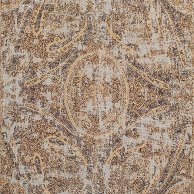 Distressed blue-grey and umber paisley on a parchment-toned textured ground