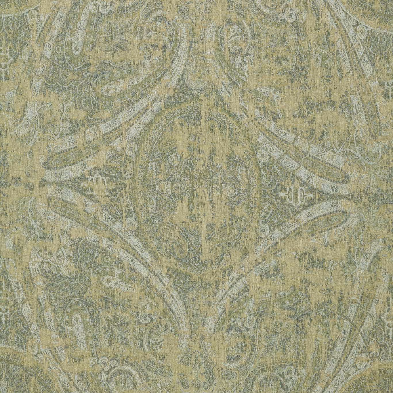 Close-up of muted moss paisley with sage and parchment woven detailing