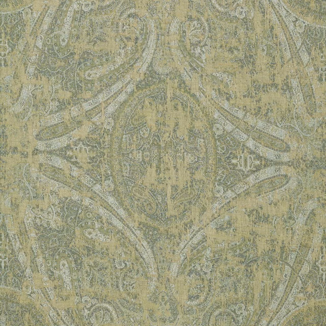 Close-up of muted moss paisley with sage and parchment woven detailing