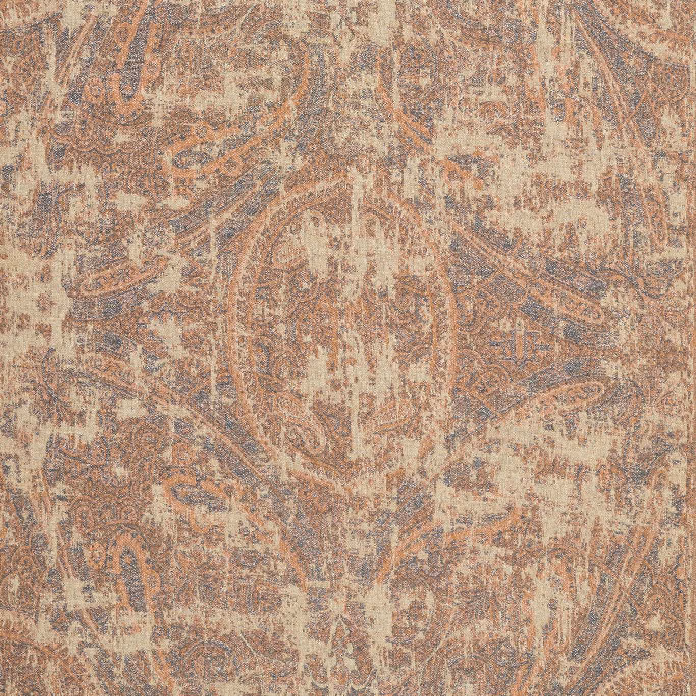 Weathered sandstone paisley fabric with faded terracotta and blue-grey woven detailing