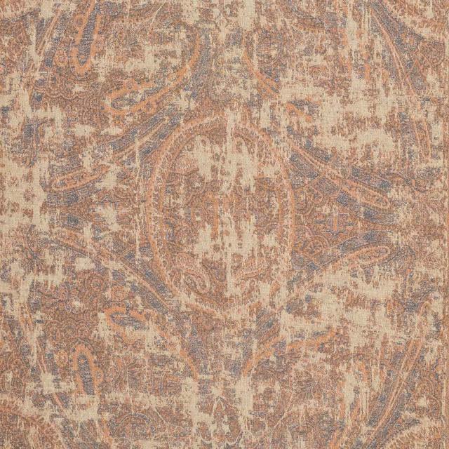 Weathered sandstone paisley fabric with faded terracotta and blue-grey woven detailing