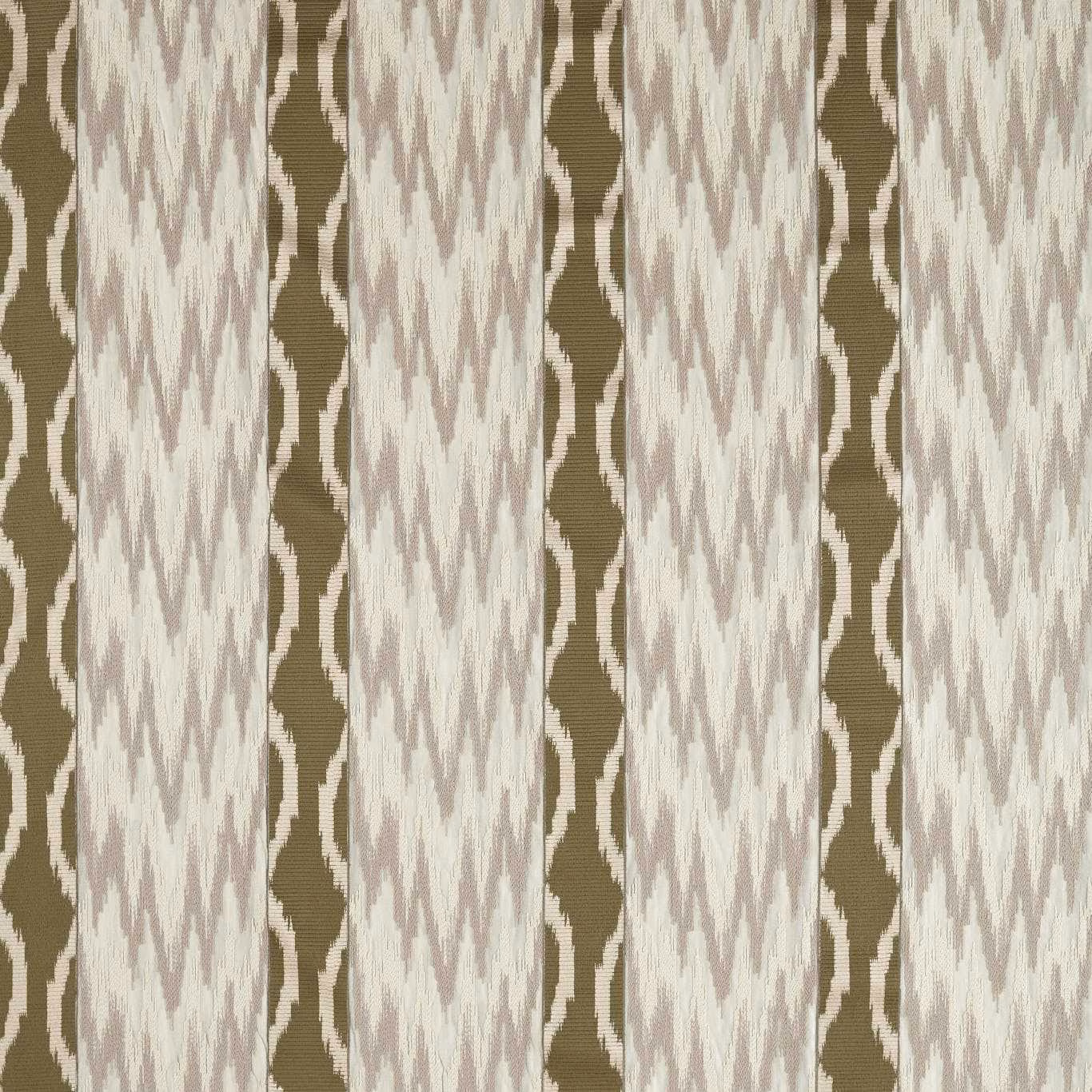 Muted olive ground with chalky vertical ikat bands and blush-taupe woven flecks