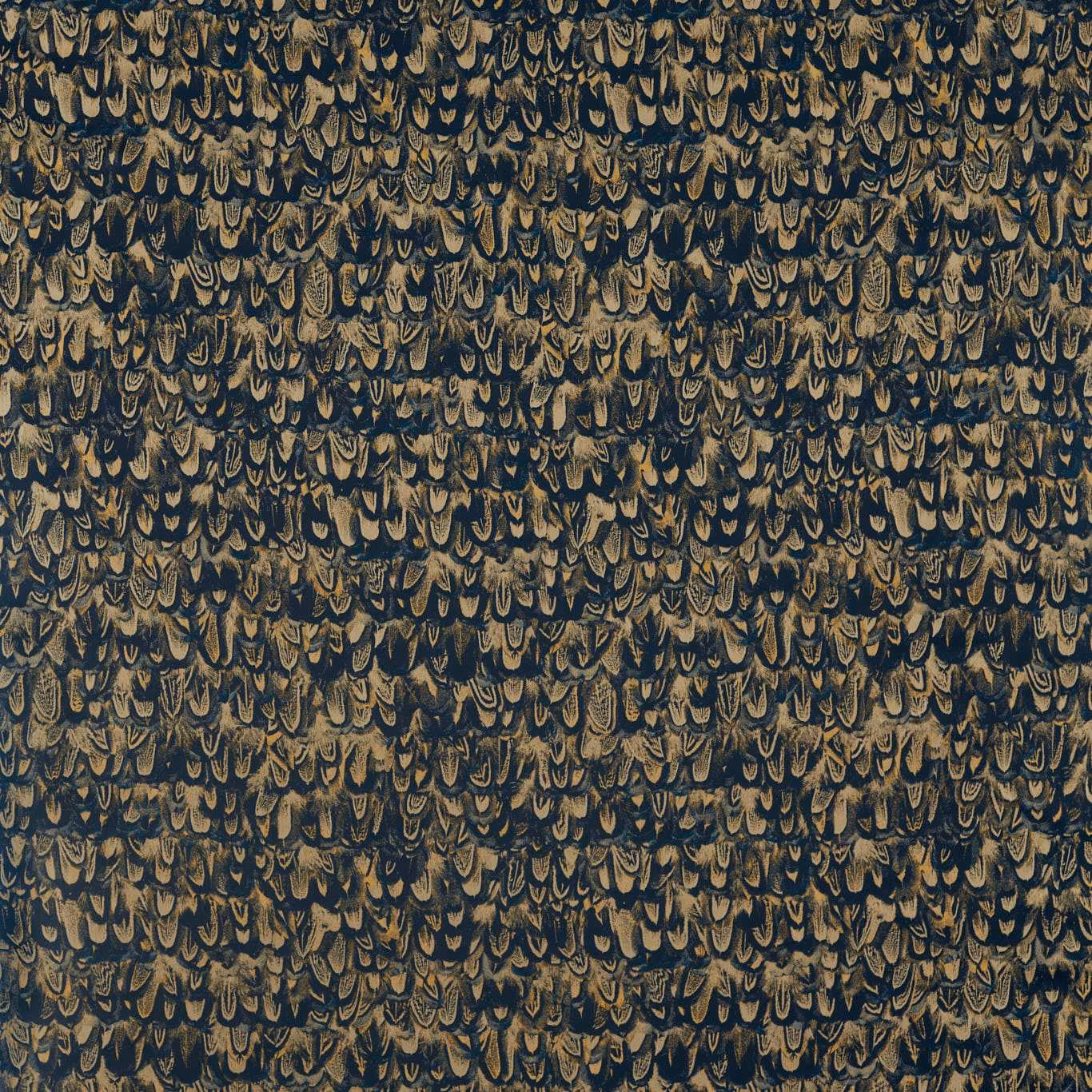 Dense ink-blue textile with ochre feather-like motifs and softly raised woven texture