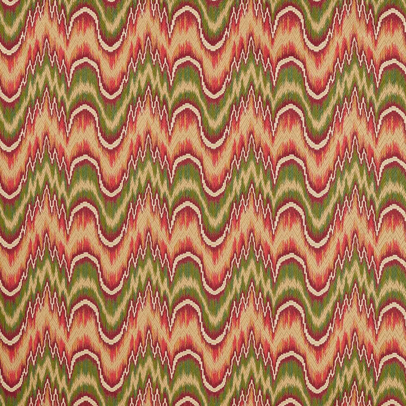 Crimson and evergreen woven chevrons with ivory and ochre zigzag detail