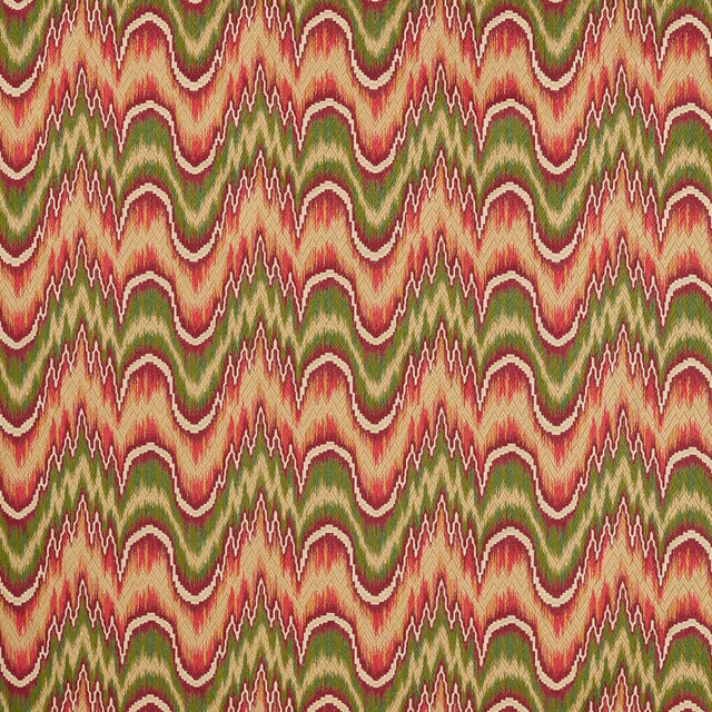 Crimson and evergreen woven chevrons with ivory and ochre zigzag detail