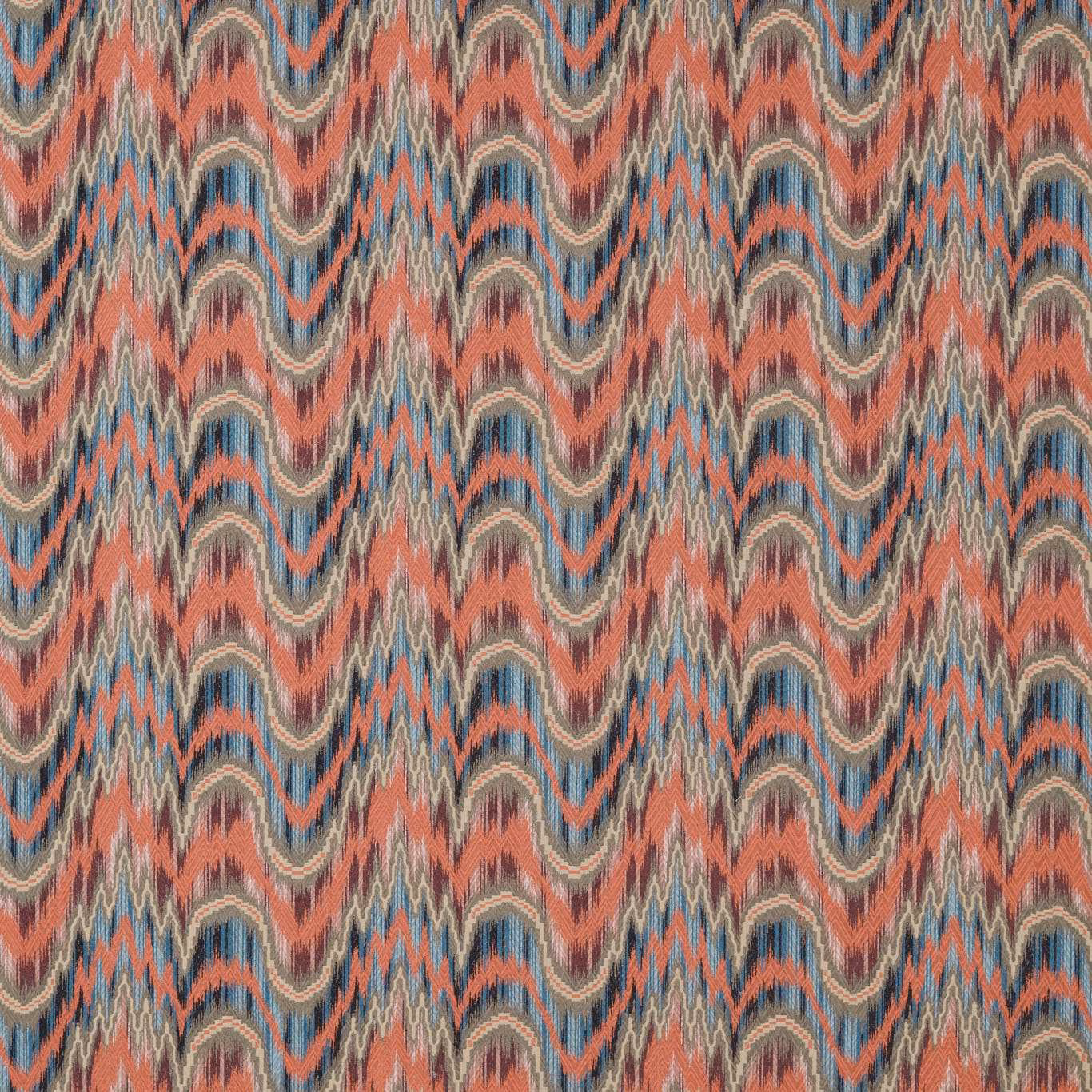 Coral, slate-blue and taupe zigzag woven fabric with tactile textured surface