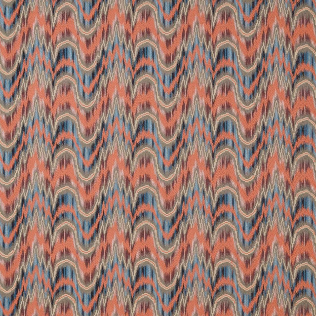 Coral, slate-blue and taupe zigzag woven fabric with tactile textured surface
