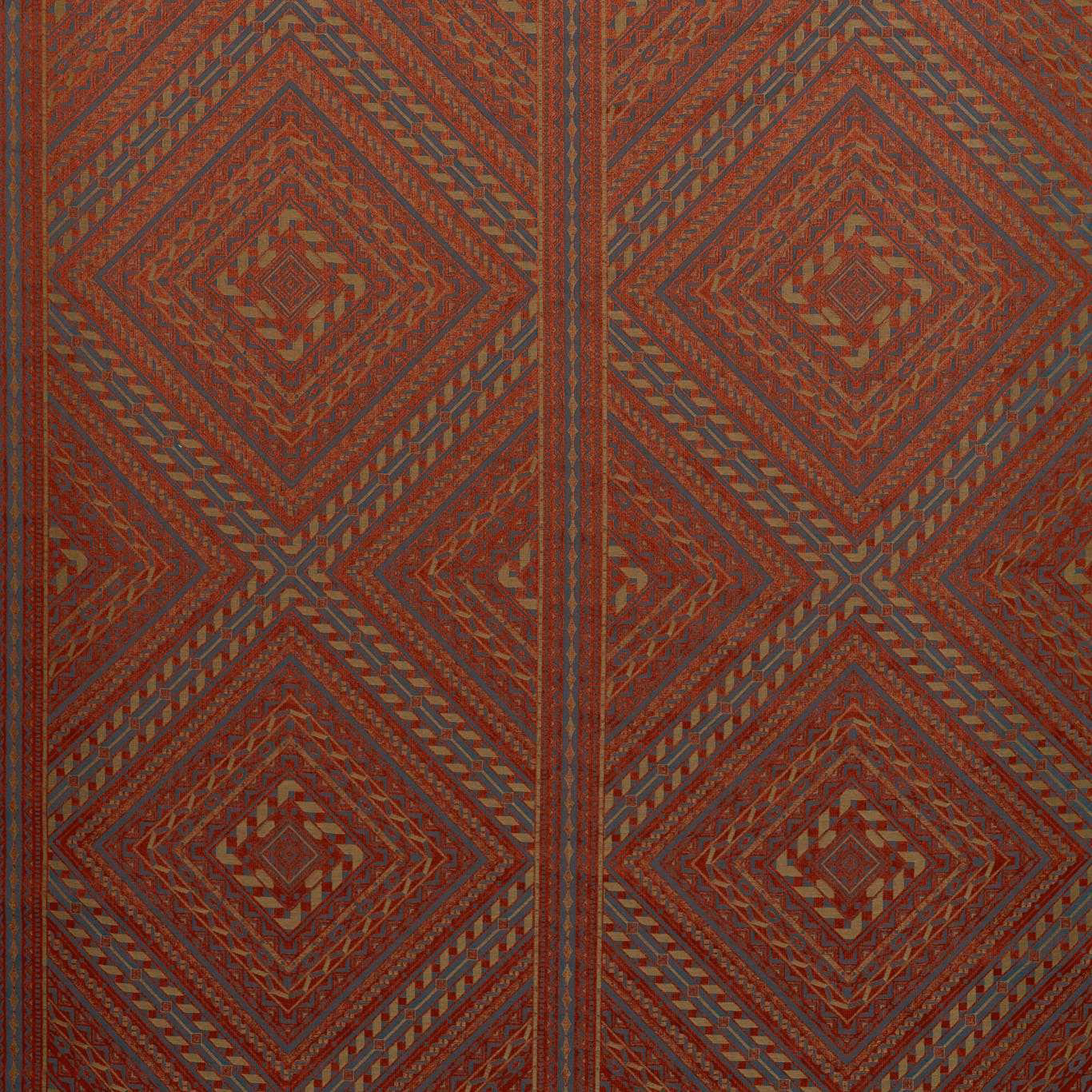 Deep Venetian red trellis weave with charcoal, ochre and blue-grey diamond details