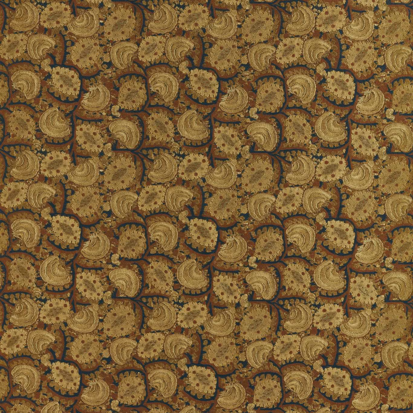 Antique gold and ink paisley embroidery with textured floral medallions on a dark ground