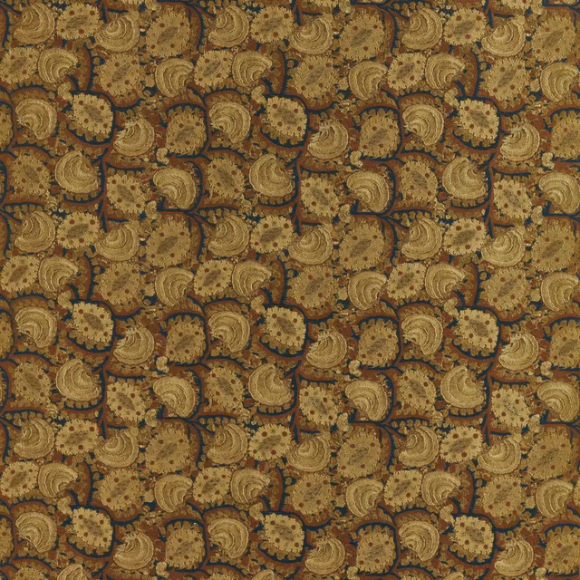 Antique gold and ink paisley embroidery with textured floral medallions on a dark ground