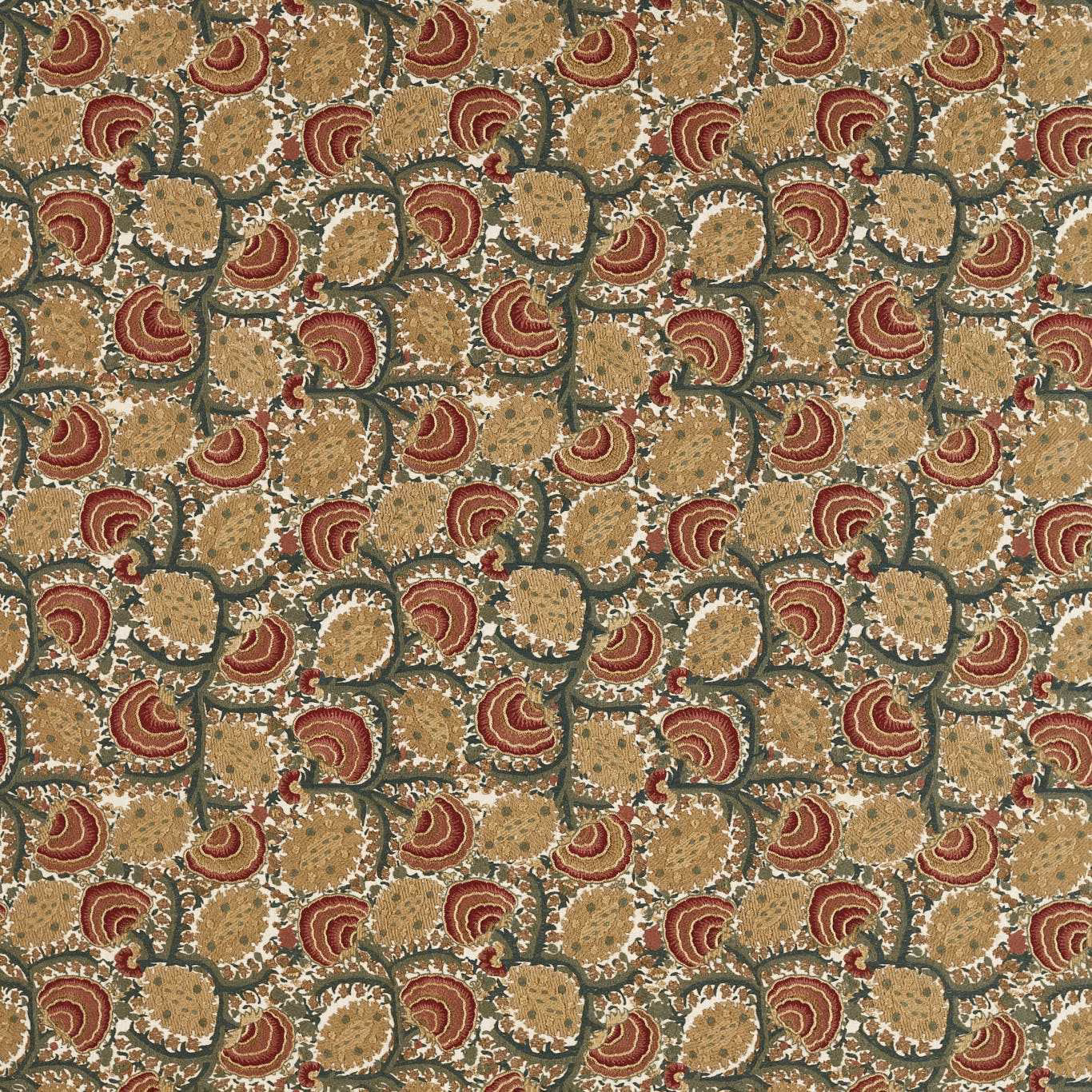 Dense russet paisleys and sage-green scrolls over a textured tan ground