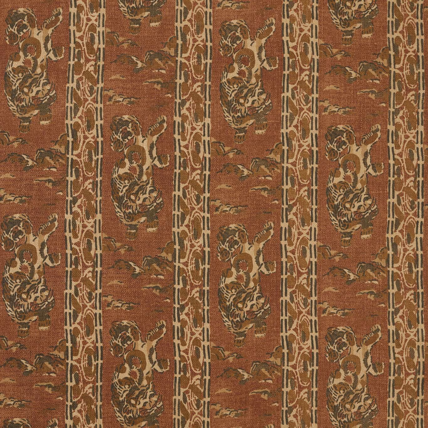 Deep russet terracotta textile with ornate tiger motifs and narrow vertical lattice stripes