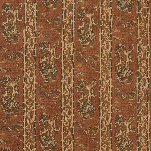 Deep russet terracotta textile with ornate tiger motifs and narrow vertical lattice stripes