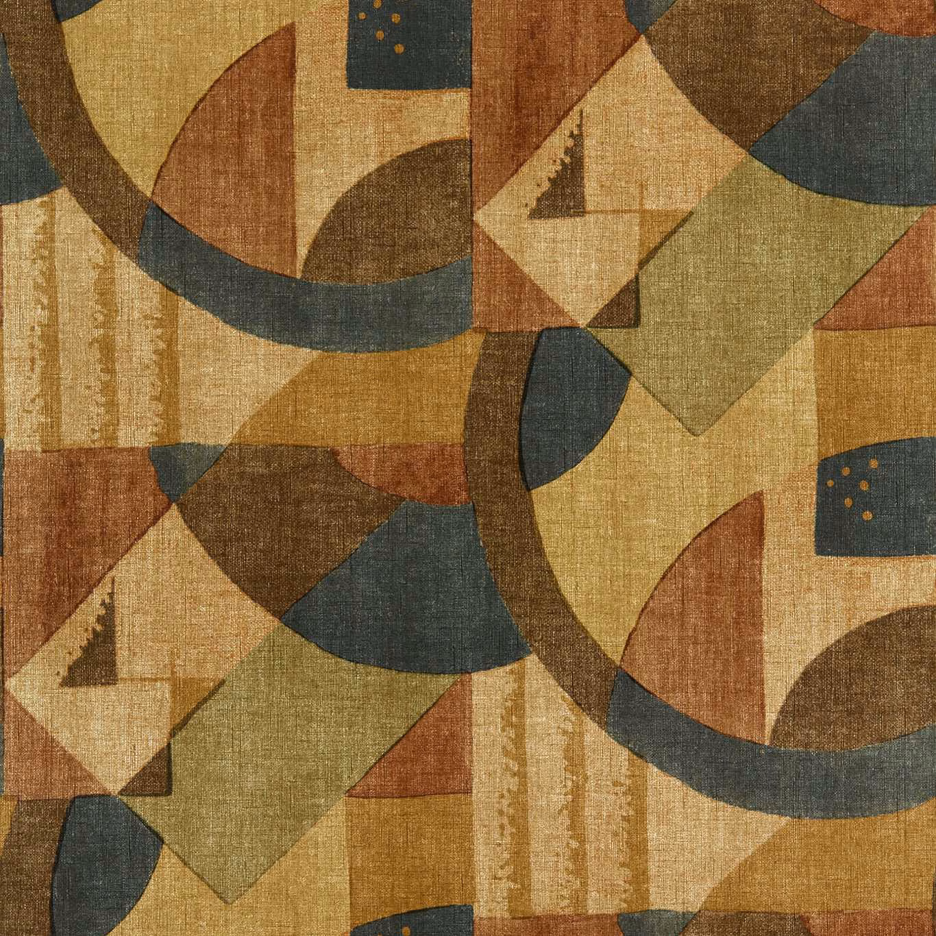 Antique copper geometric wallpaper with charcoal arcs, ochre blocks and textured printed detail