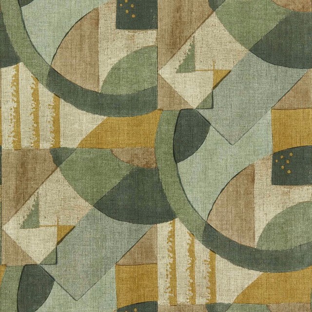 Muted olive geometric wallpaper with cream diamonds, ochre blocks and sweeping charcoal arcs