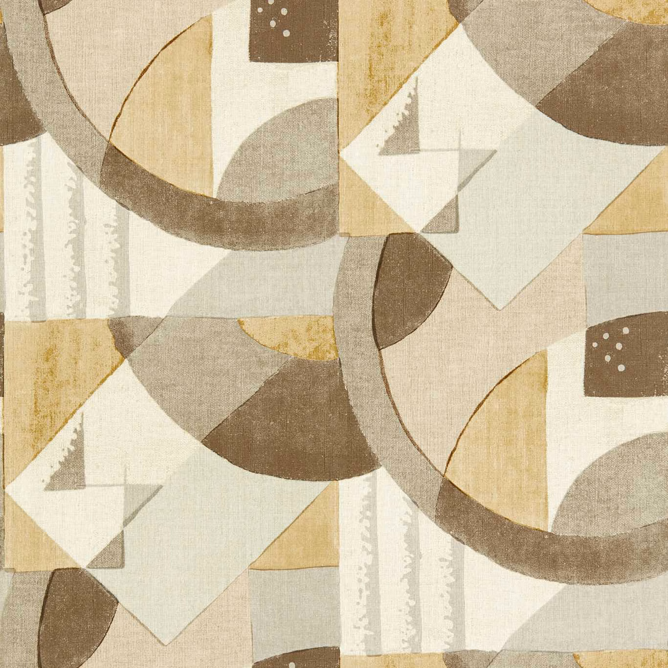 Taupe wallpaper with cream, ochre and brown abstract arcs, blocks and triangles