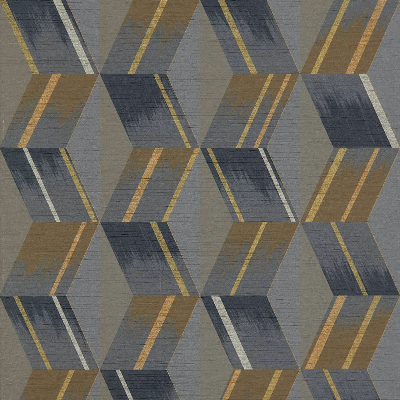 Charcoal, taupe and ochre angular rhombi with fine linear texture