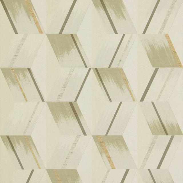 Cool Paris grey geometric wallpaper with taupe brush marks and muted gold lines