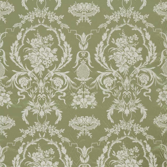 Pale olive fabric with ivory floral damask wreaths, scrolling foliage and urn motifs