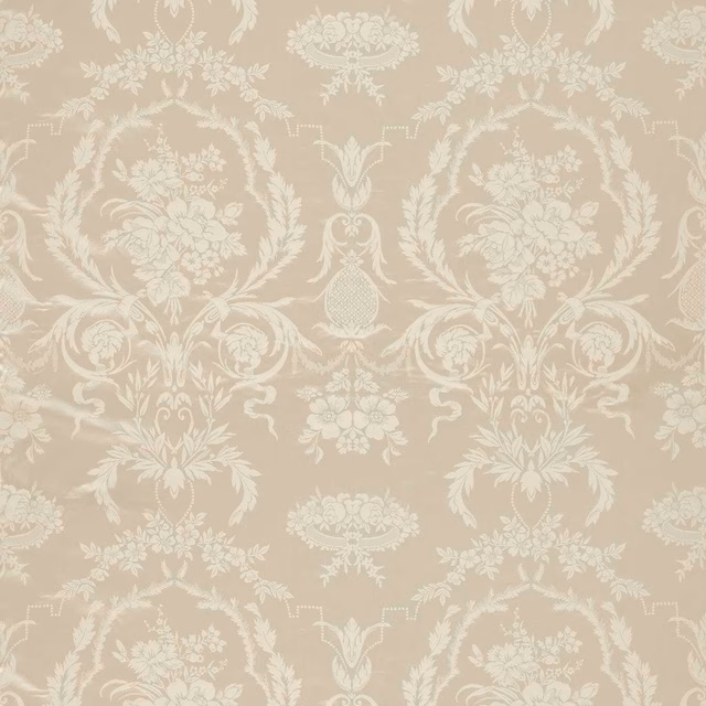 Warm ivory arabesque damask motifs across a softly greige textile ground