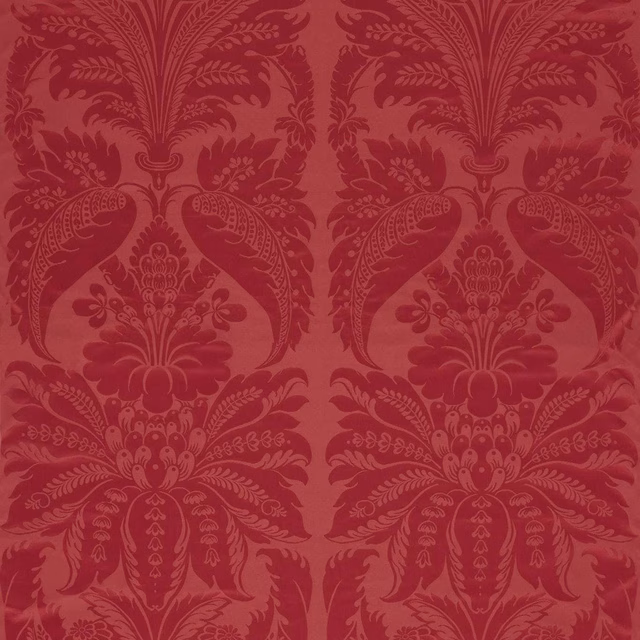 Deep cinnabar red damask with tonal paired birds, flowers and scrolling foliage