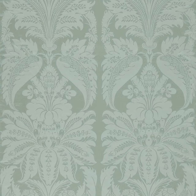 Pale eau de nil green damask with tonal scrolling foliage and floral ornament