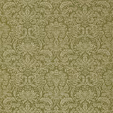 Muted olive-green woven damask with pale sage scrolling floral motifs