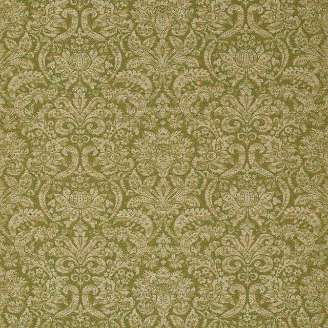 Muted olive-green woven damask with pale sage scrolling floral motifs