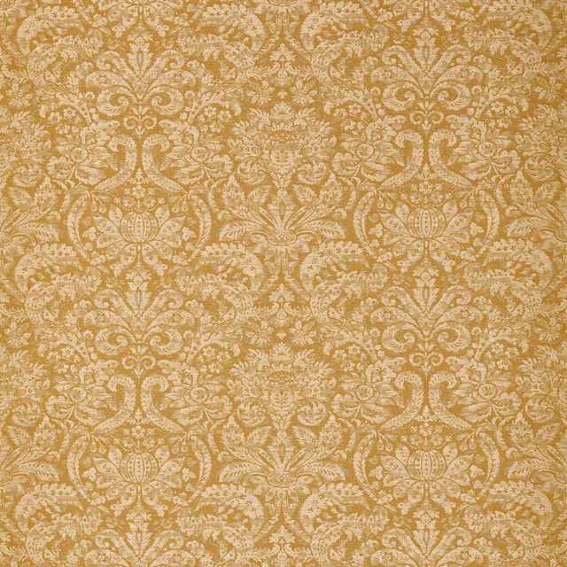Warm gold damask with ivory scrolling foliage and symmetrical floral medallions