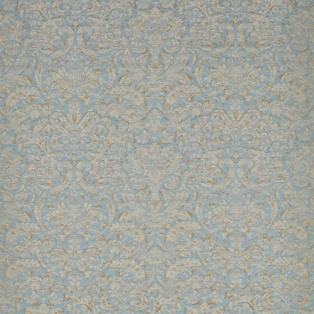 Muted powder-blue damask with pale gold scrolls and fine woven texture