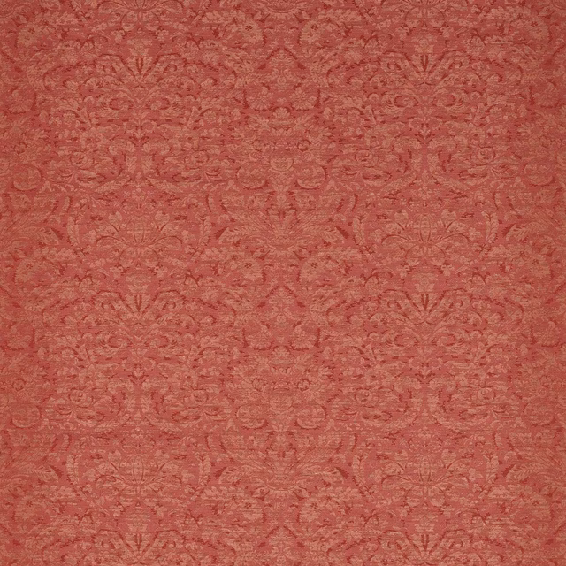 Muted Venetian red damask with tonal scrolling motifs and a softly textured woven surface