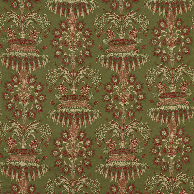Muted olive brocade swatch with russet urns, floral medallions and pale botanical highlights.