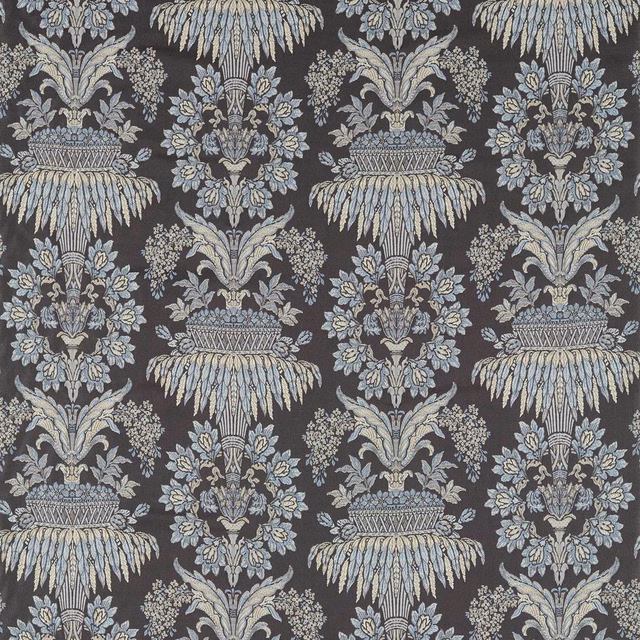 Charcoal grey brocade with pale rose floral urns and fan-shaped damask motifs