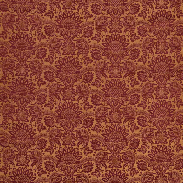 Burgundy floral damask motifs woven across a warm ochre brocatelle ground
