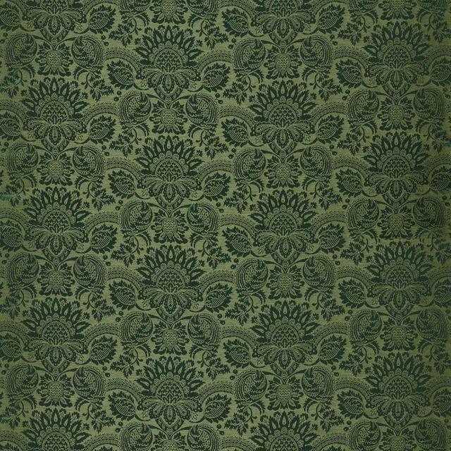 Moss-green brocatelle with raised dark damask medallions and scrolling leaf motifs