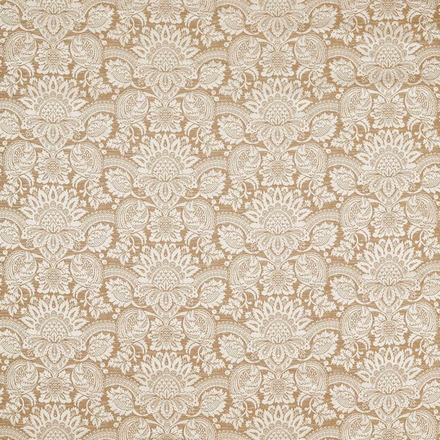 Pale gold and ivory damask with dense floral medallions and woven texture
