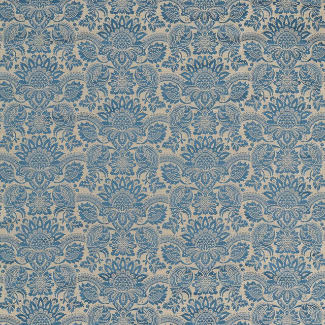 Muted Wedgwood blue damask with pale beige ground and scrolling floral medallions